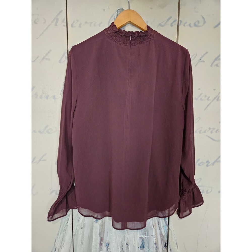 NWT Ann Taylor Blouse Size L Burgundy Smocked Mock Neck Ruffle Sheer Sleeve - Picture 2 of 8